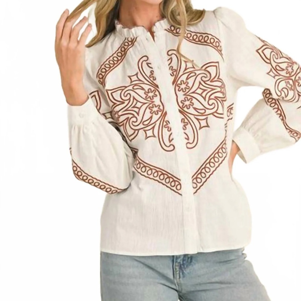 NWT &merci Western Embroidered Top In White SIZE M - Picture 2 of 11